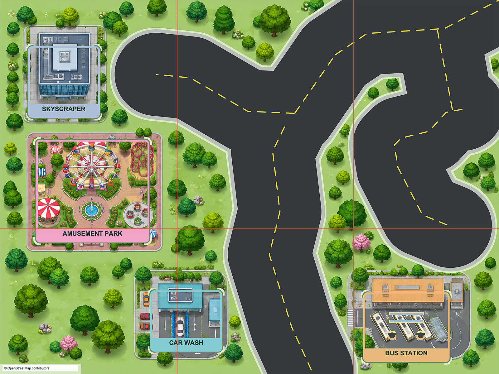 Enhanced print sheets preview for Town with Bus Station, Car Wash, Amusement Park and Skyscraper